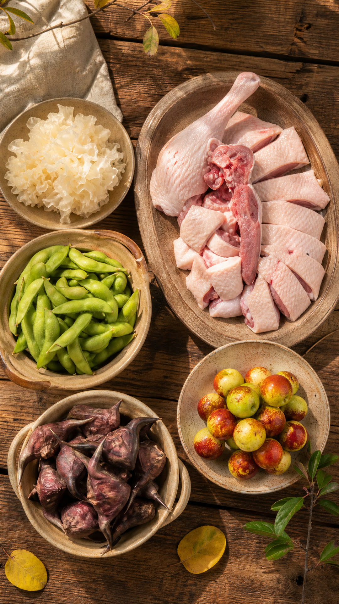 鸭肉, 银耳, 毛豆, 菱角, 冬枣