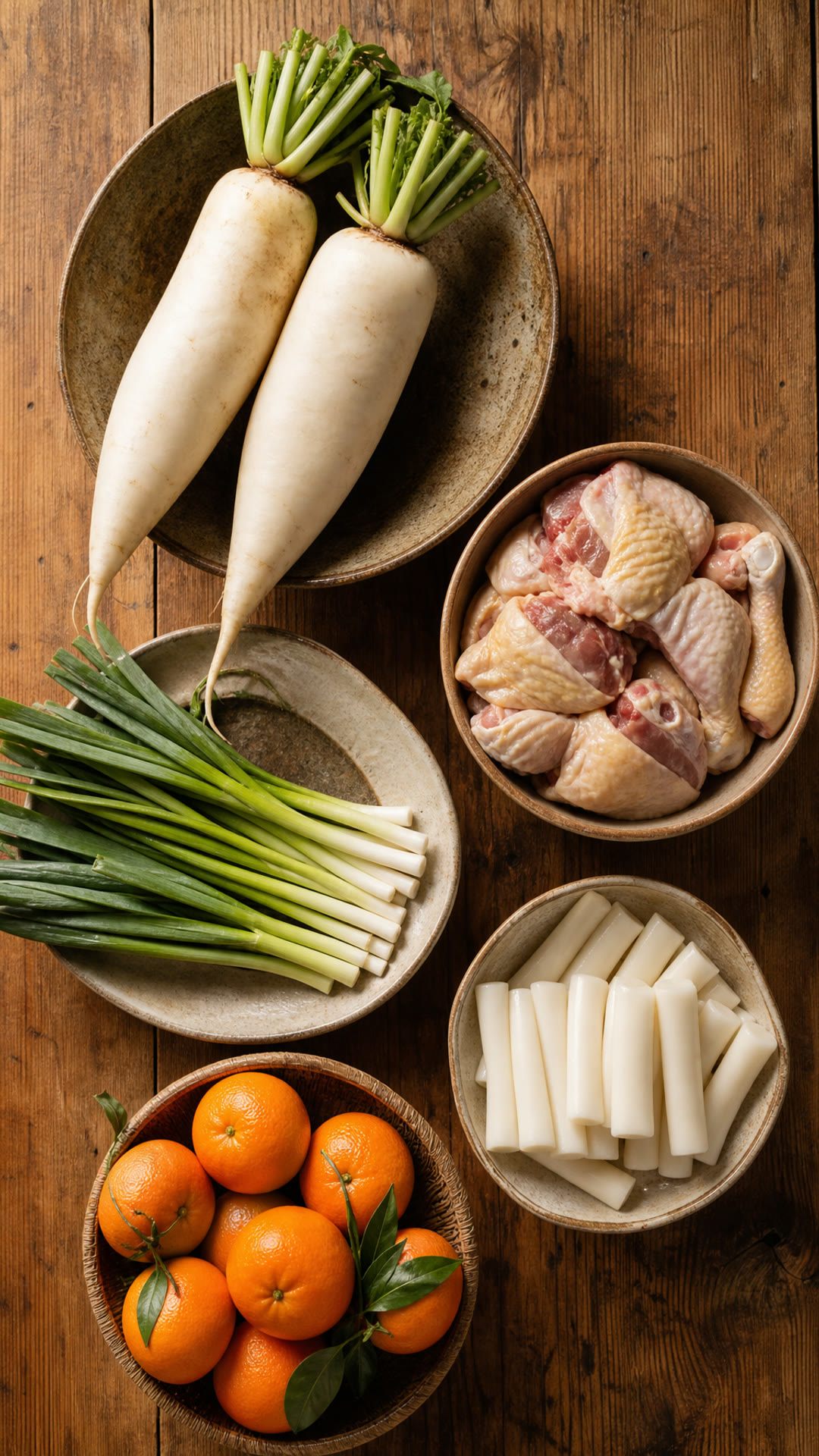 萝卜, 鸡肉, 蒜苗, 年糕, 橘子