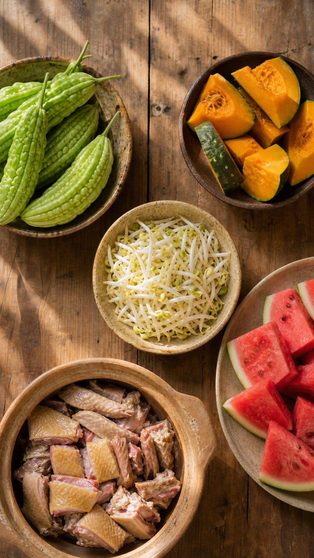 Bitter Melon (Kugua), Pumpkin (Nangua), Mung Bean Sprouts (Lüdouya), Watermelon (Xigua), Duck (Yarou)