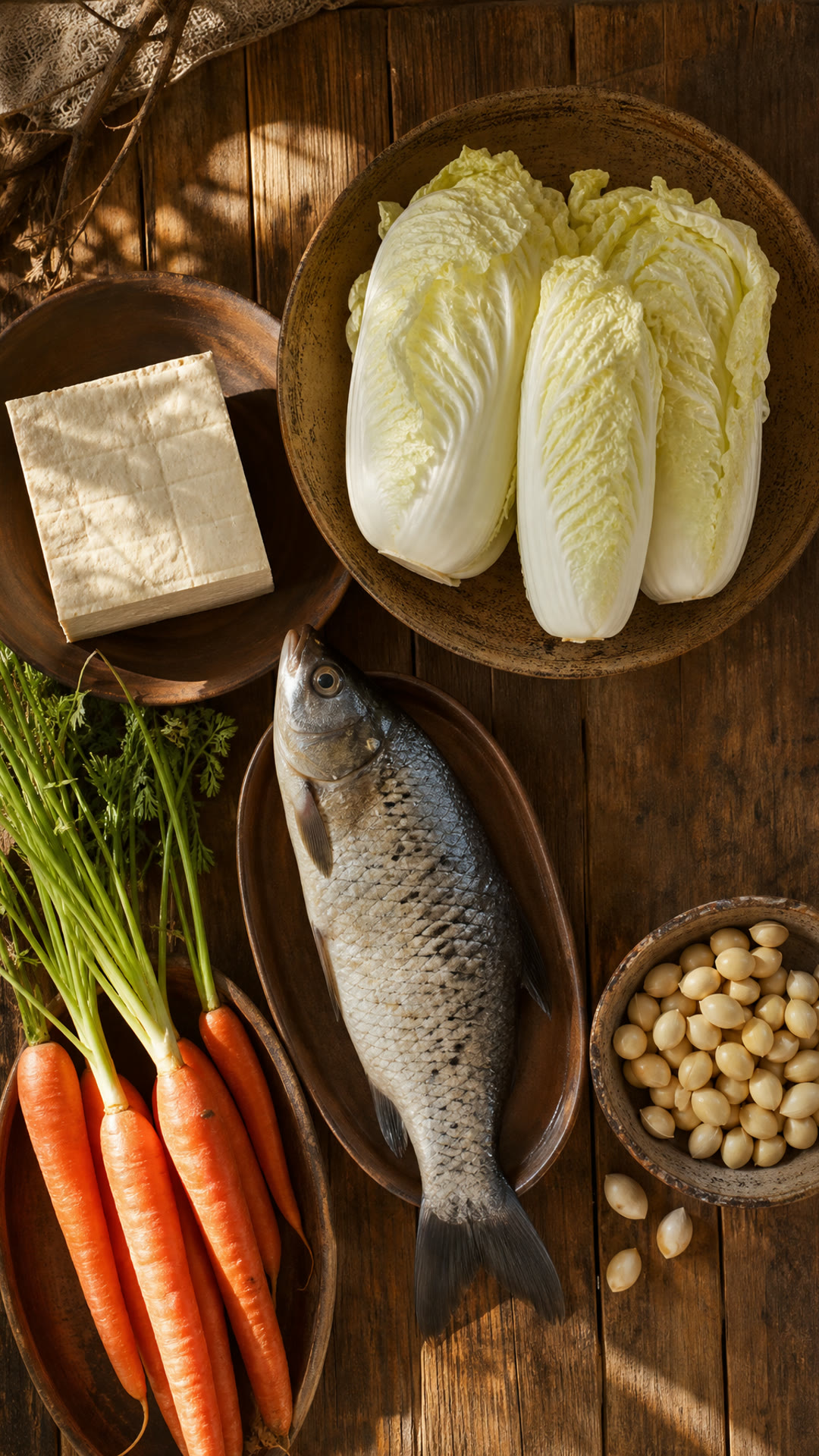 Chinese cabbage (baicai), Tofu (doufu), Silver carp (lianyu), Ginkgo nuts (baiguo), Carrot (huluobo)