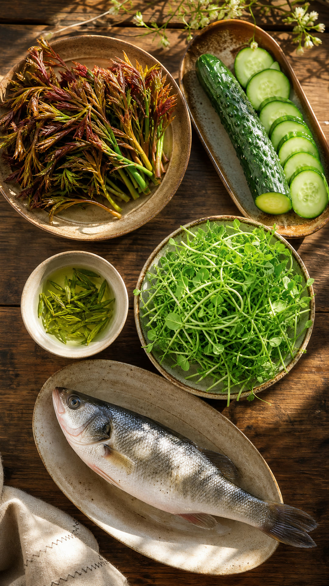 Chinese Toon (Xiangchun), Cucumber (Huanggua), Spring Tea (Chuncha), Pea Shoots (Doumiao), Perch (Luyu)