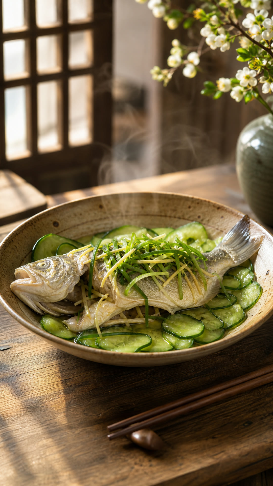 Steamed Perch with Cucumber (Qingzheng Luyu Pei Huanggua)