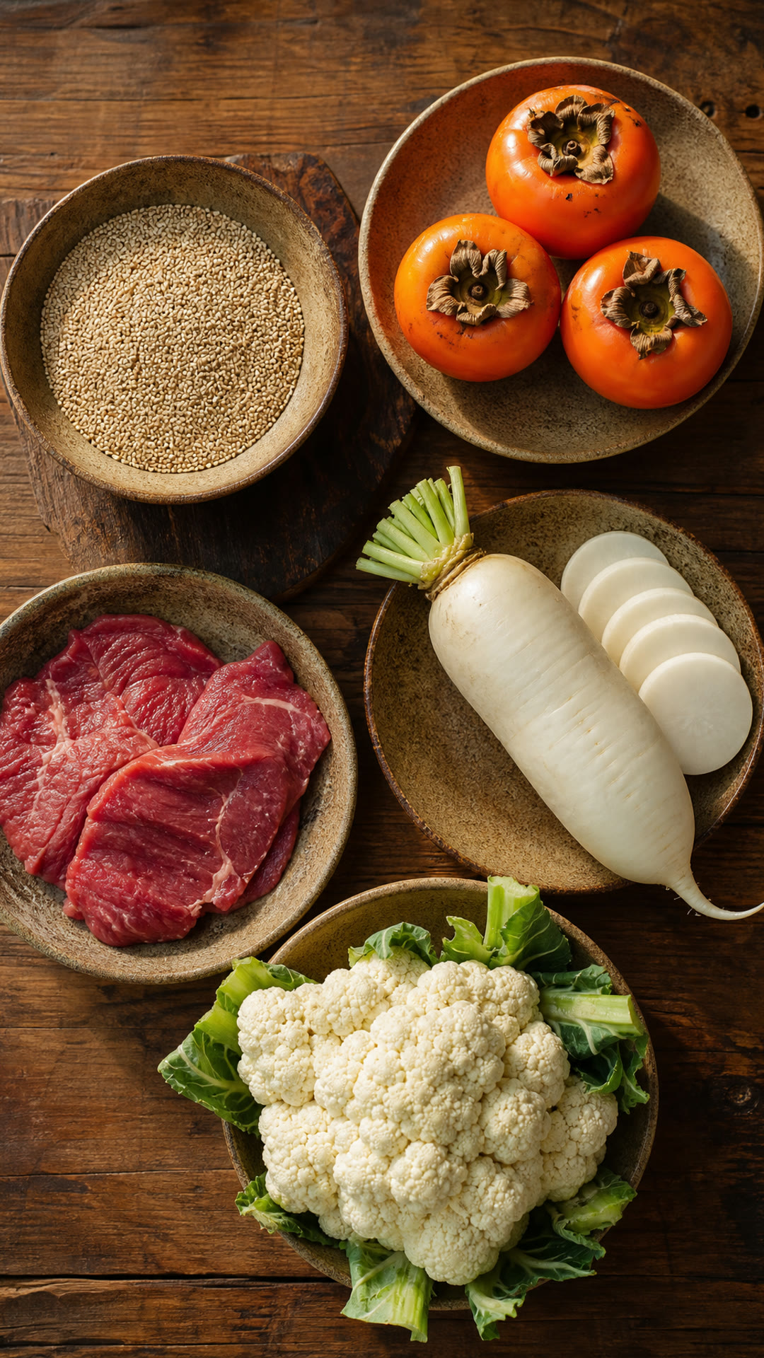 Sesame (Zhima), Persimmon (Shizi), Radish (Luobo), Beef (Niurou), Cauliflower (Hua Cai)