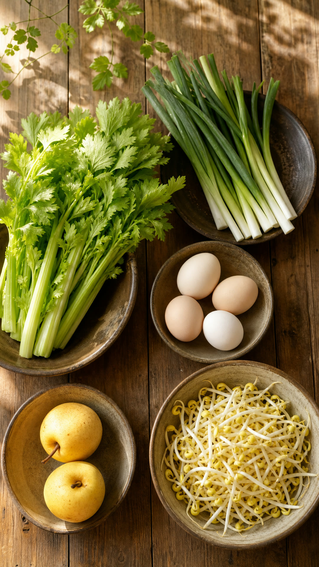 Celery, Garlic shoots, Eggs, Pear, Soybean sprouts