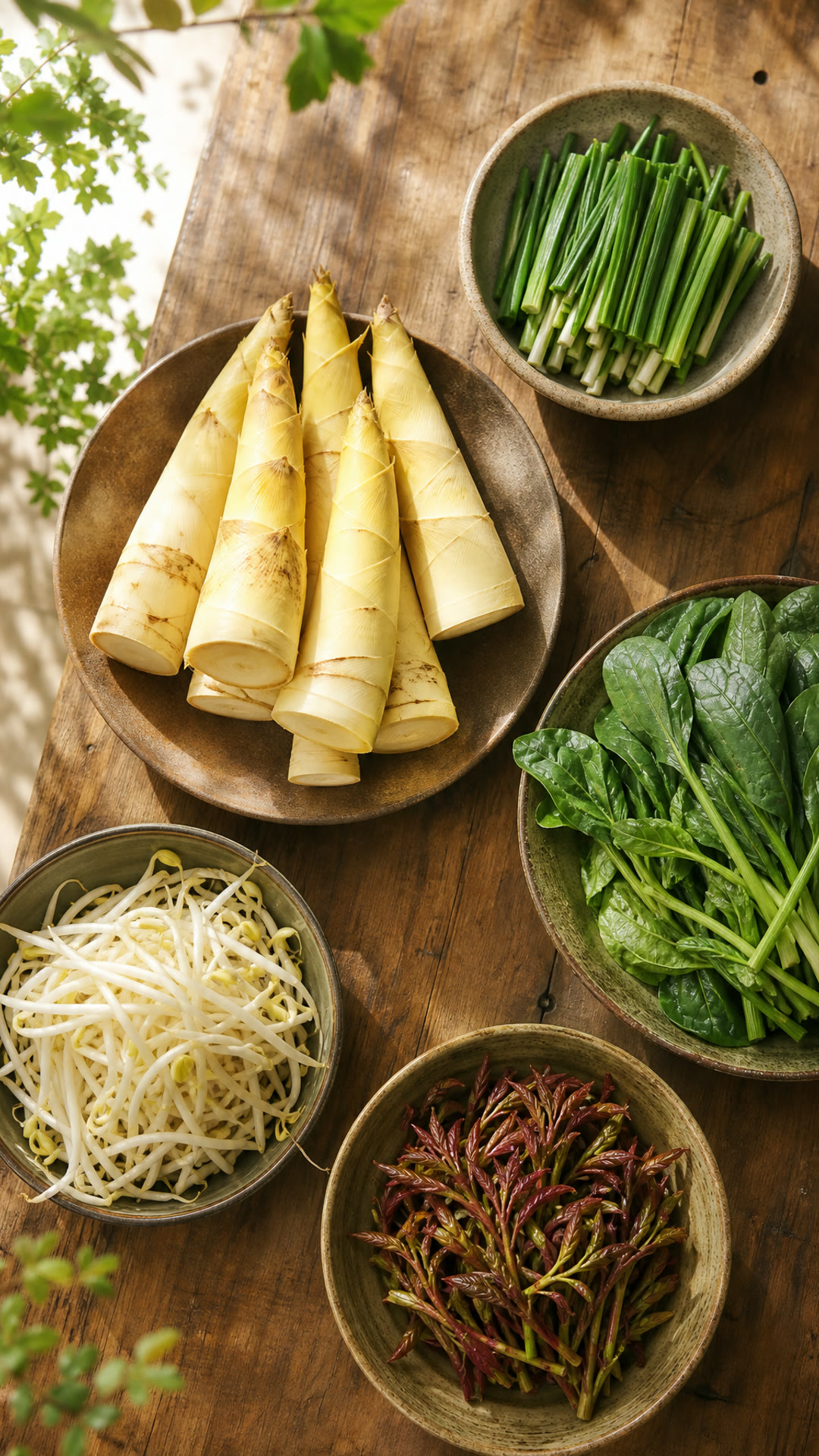 Spring Bamboo Shoots (Chunsun), Chinese Chives (Jiucai), Spinach (Bocai), Bean Sprouts (Douya), Chinese Toon Shoots (Xiangchun)