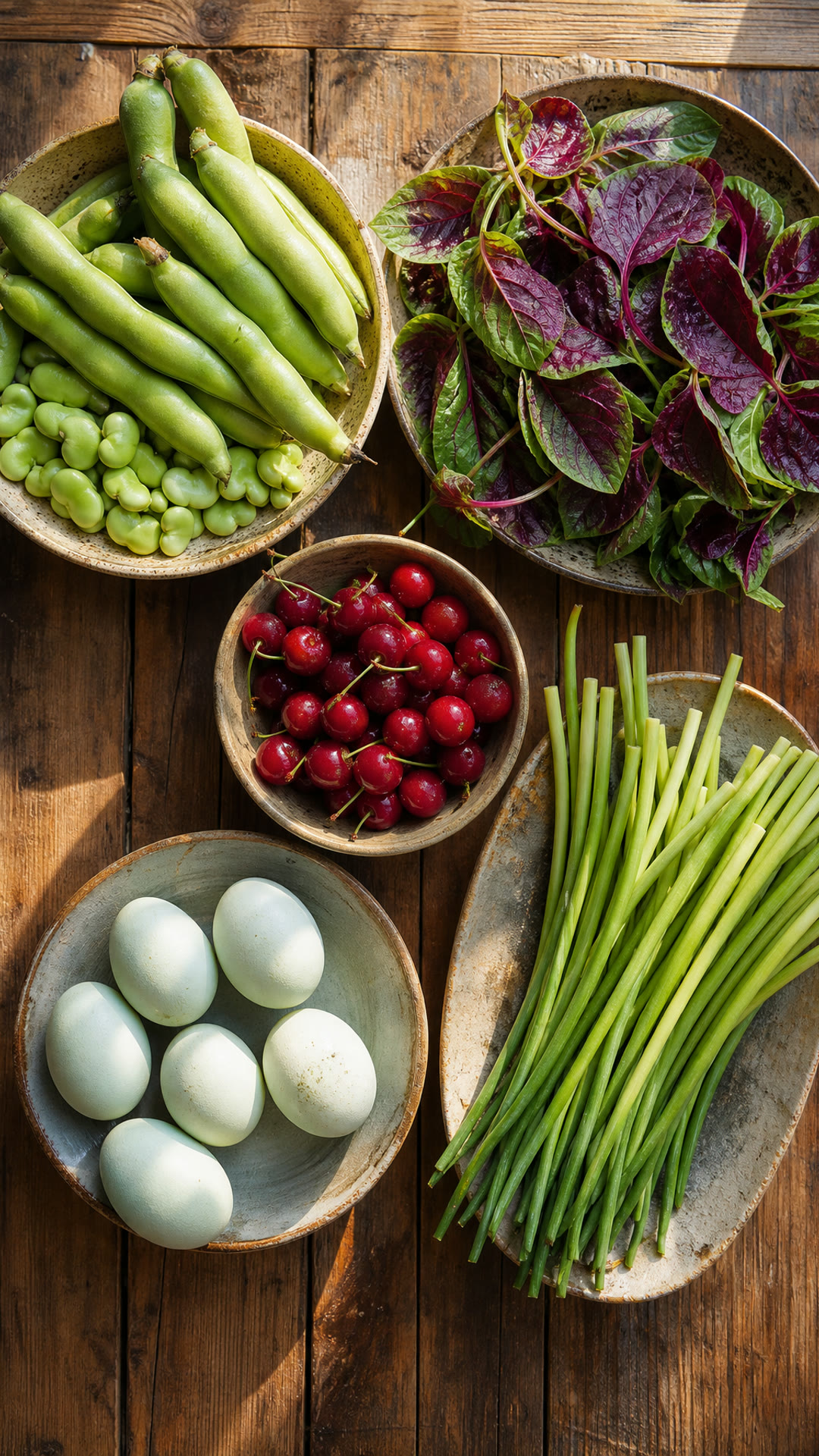 Broad beans, Amaranth greens, Cherries, Duck eggs, Garlic scapes