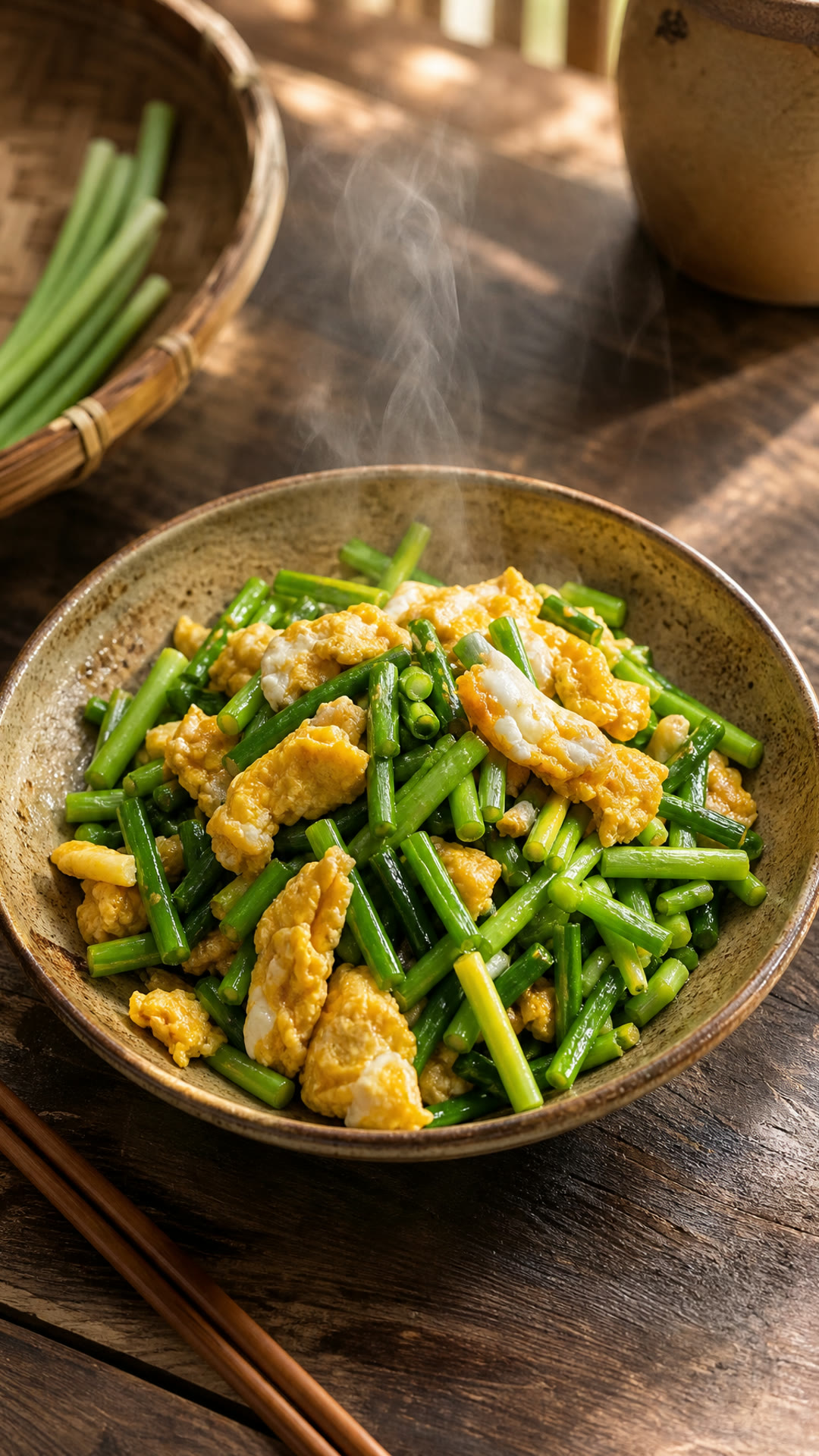Stir-Fried Garlic Scapes with Duck Eggs