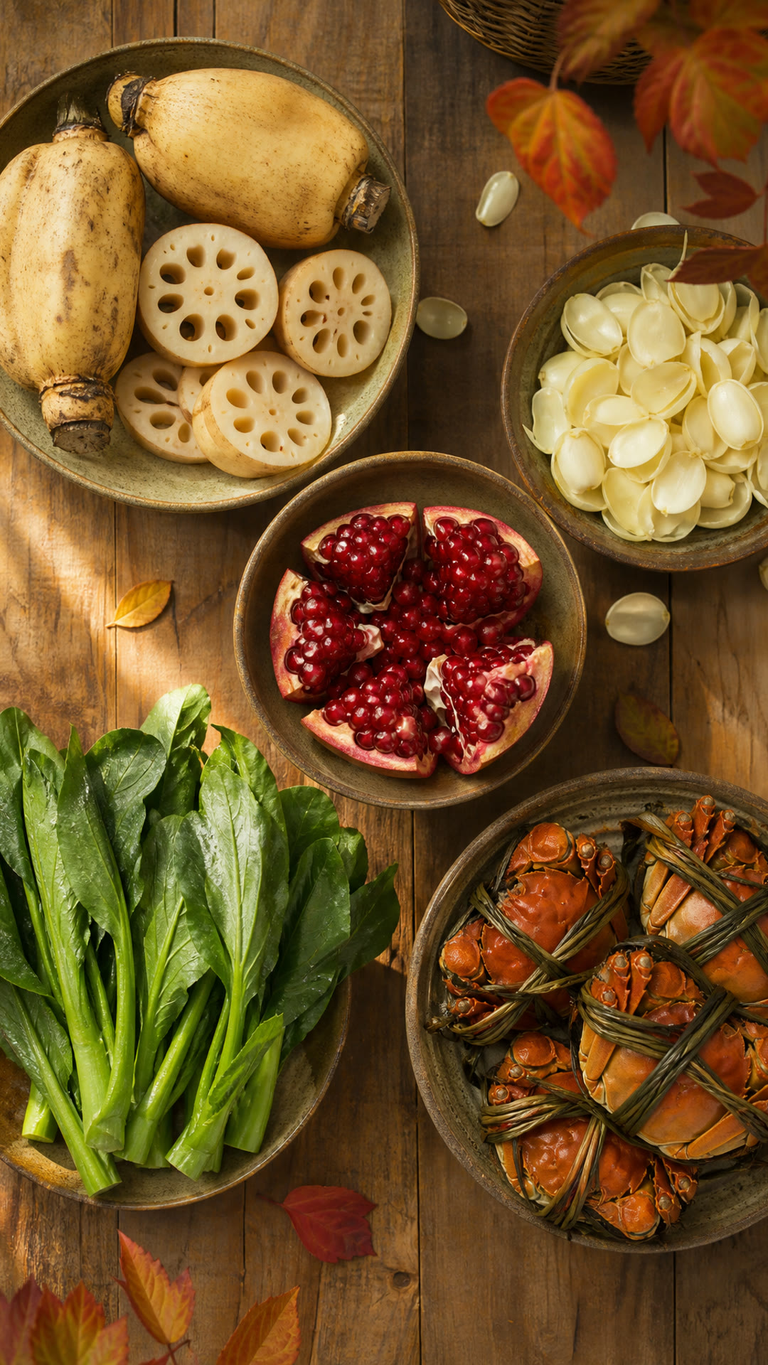 Lotus Root (Lian'ou), Lily Bulb (Baihe), Pomegranate (Shiliu), Chinese Broccoli (Jielan), Hairy Crab (Dazha Xie)