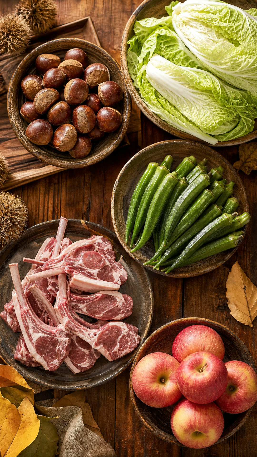 Chestnuts, Chinese cabbage, Okra, Lamb, Apple