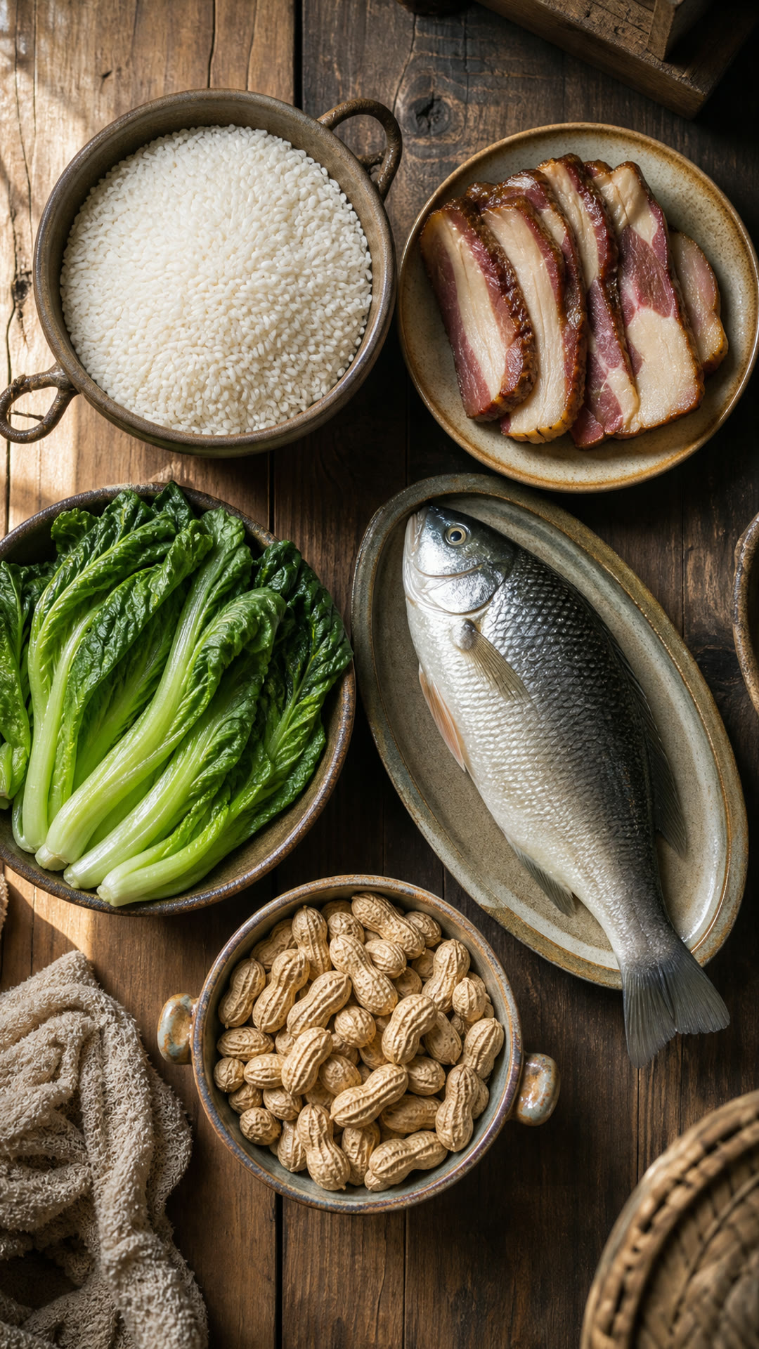 Glutinous Rice (Nuomi), Cured Pork (Larou), Mustard Greens (Jiecai), Perch (Luyu), Peanuts (Huasheng)