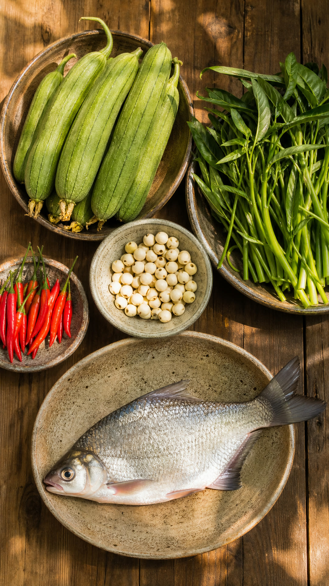 丝瓜, 空心菜, 莲子, 小米椒, 鳊鱼