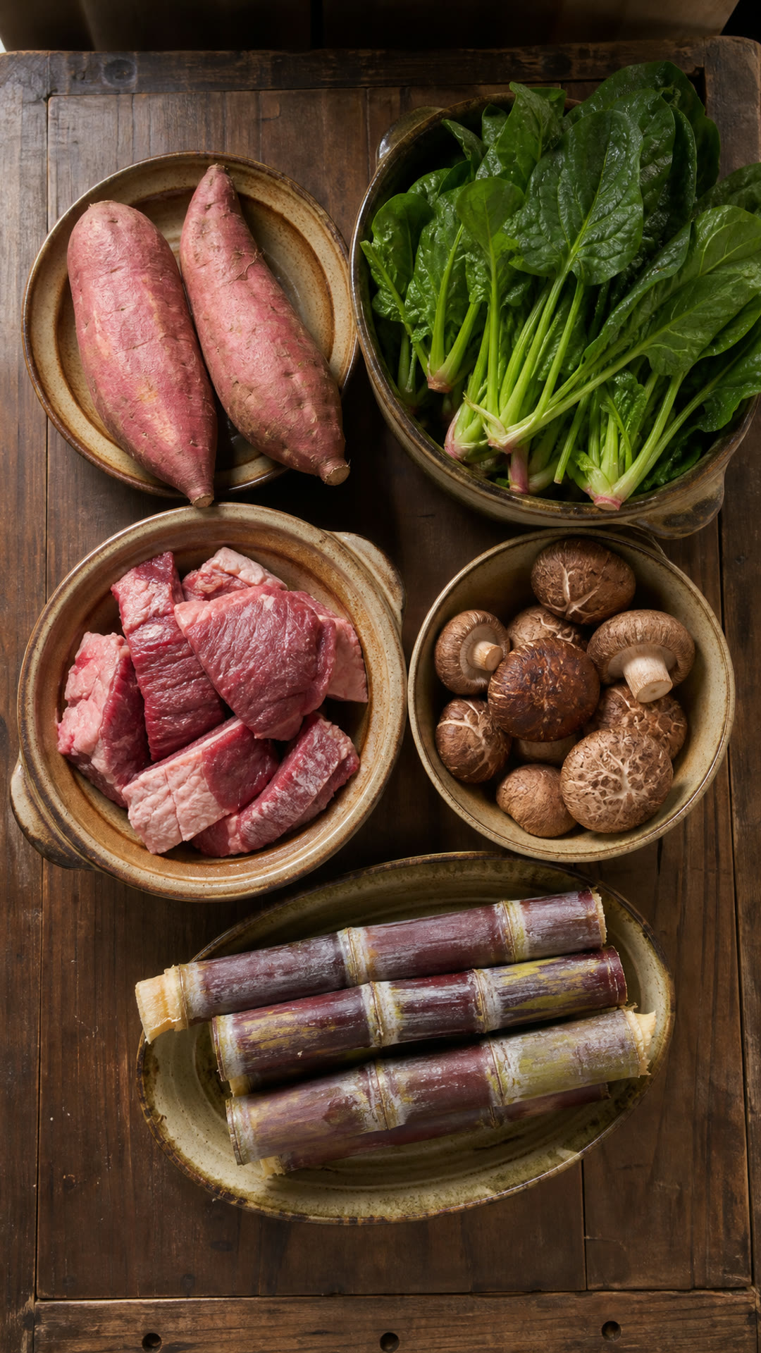 红薯, 菠菜, 牛腩, 香菇, 甘蔗