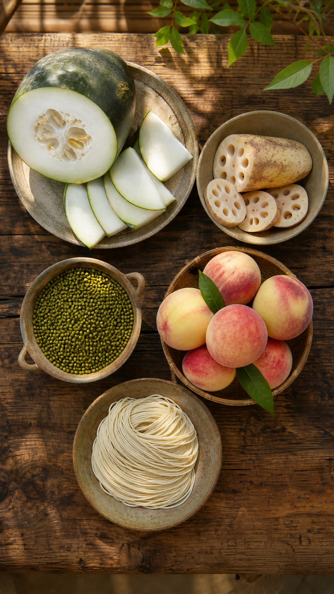 Winter Melon (Donggua), Lotus Root (Lian'ou), Mung Beans (Lüdou), Peach (Taozi), Noodles (Miantiao)