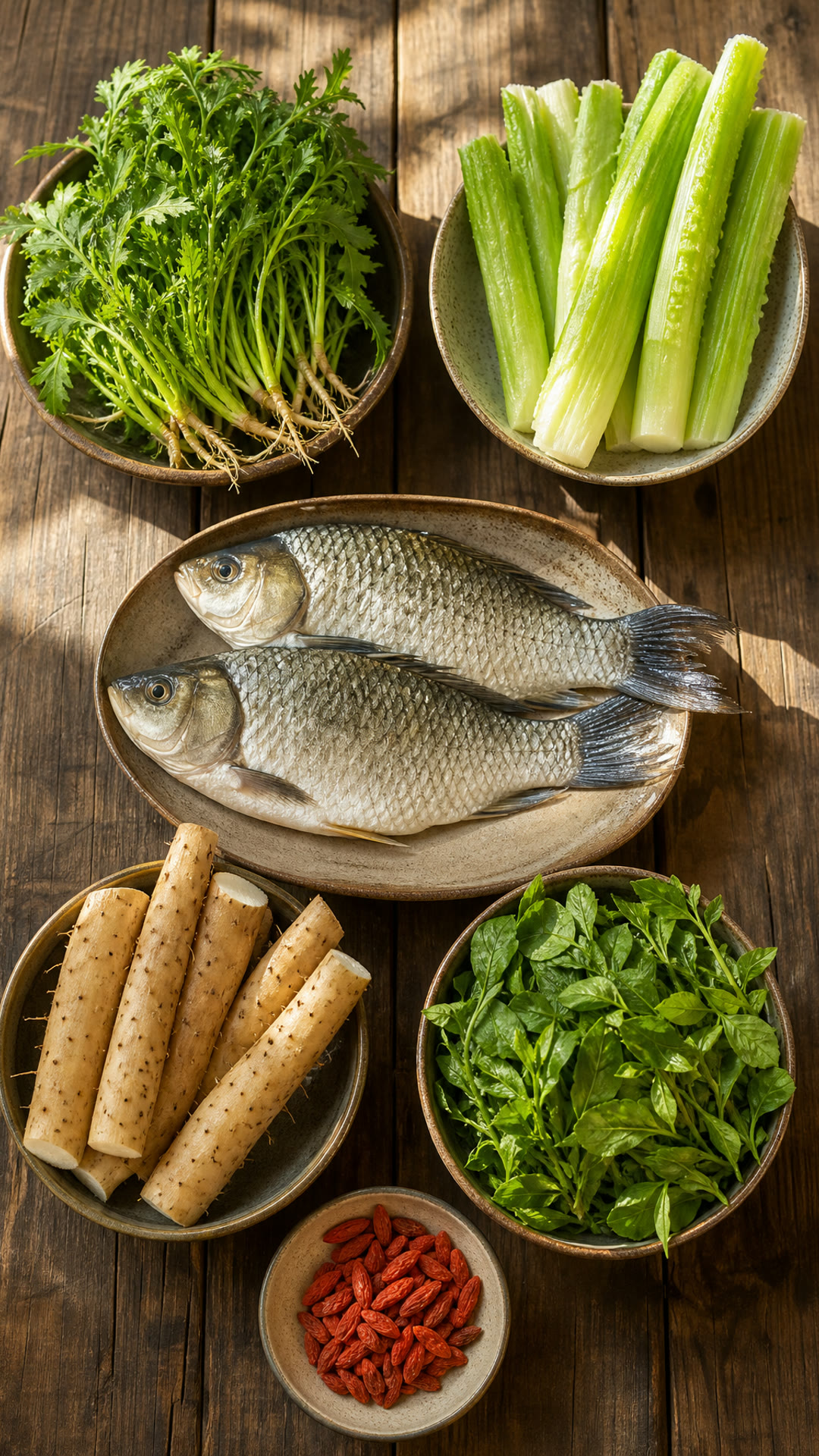 荠菜, 莴笋, 山药, 鲫鱼, 枸杞叶